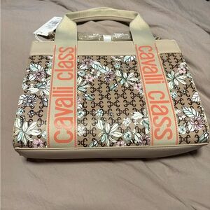 Cavalli Class Floral Brown Tote with Pink Accents